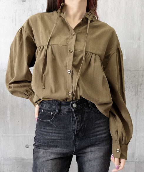 フリル衿ブラウス 長袖タックシャツ韓国風 大人可愛い ボリューム袖シャツ レディースおしゃれ キレイめトップス リボンブラウス ゆったり 体型カバー春秋服 着やせ 1SUYUZI-007